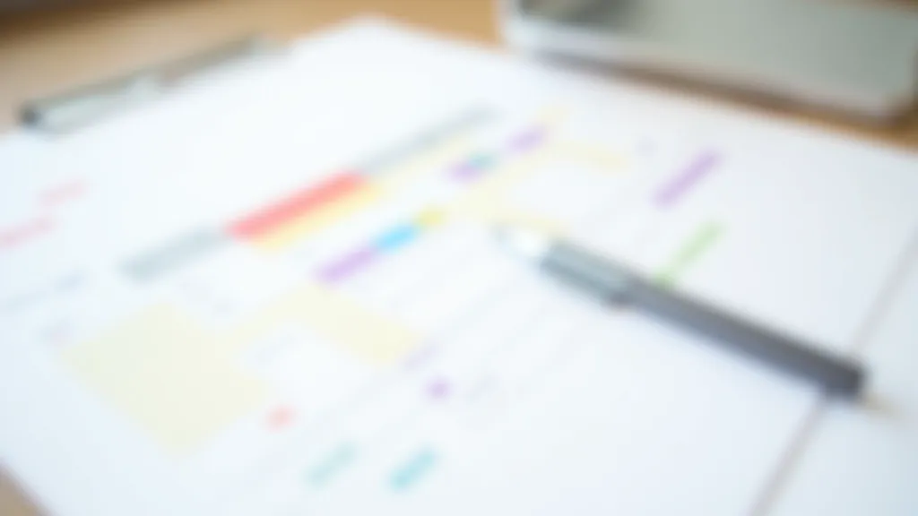 Calendar page with color-coded time blocks marked out for different work activities, pen nearby on white desk