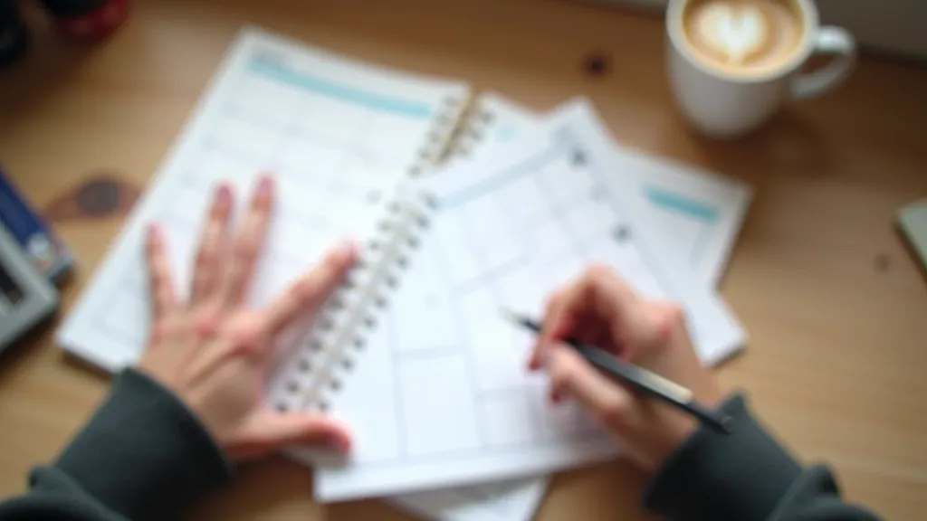 Person's hands writing in a planner notebook with calendar visible, focused on time management planning at wooden desk