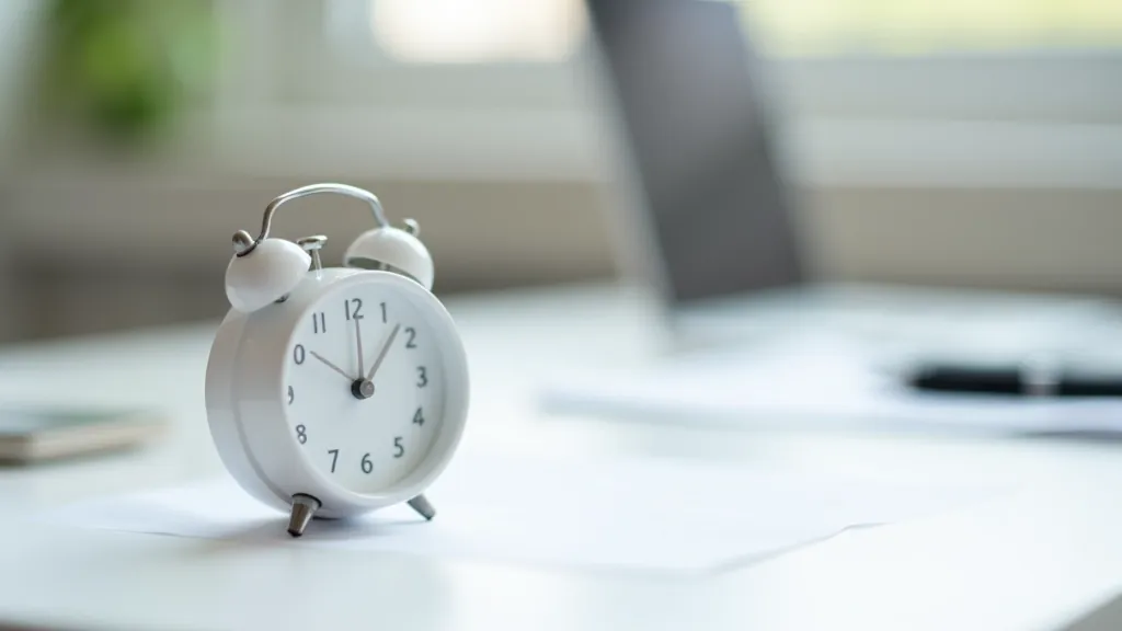 Timer or clock showing two minutes with organized desk