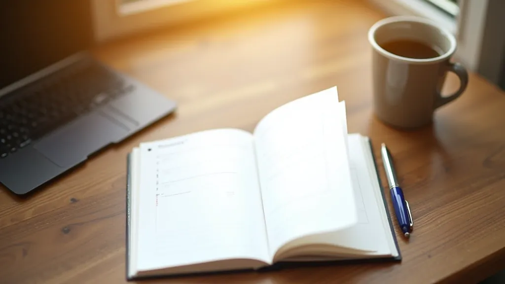 Open planner notebook on wooden desk with pen and coffee cup, natural morning light through window