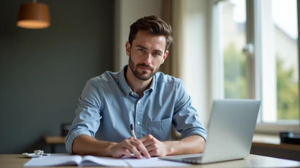Person working at desk with coffee and focused expression