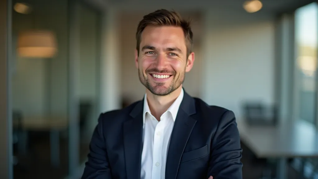 Person saying no with hand gesture, portrait from chest up, professional setting, confident expression