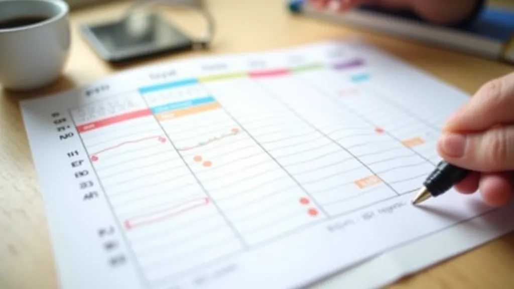 Weekly calendar view with different colored blocks representing work categories, showing structured time allocation across five days