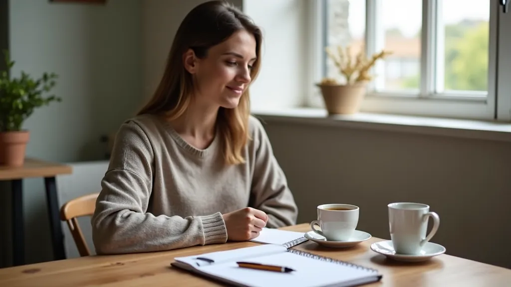 Person writing in journal at wooden desk with morning coffee, natural window light, peaceful workspace