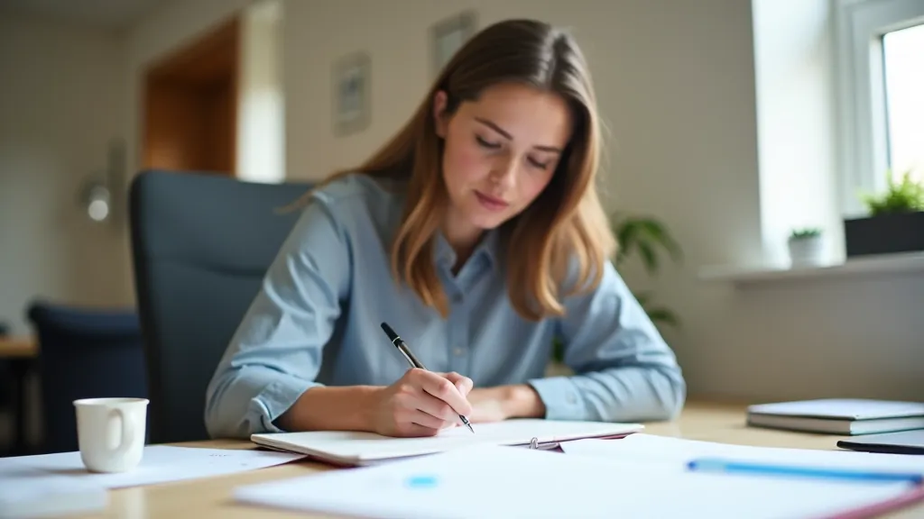 Woman writing on notepad at desk with priority matrix grid, focused productivity work